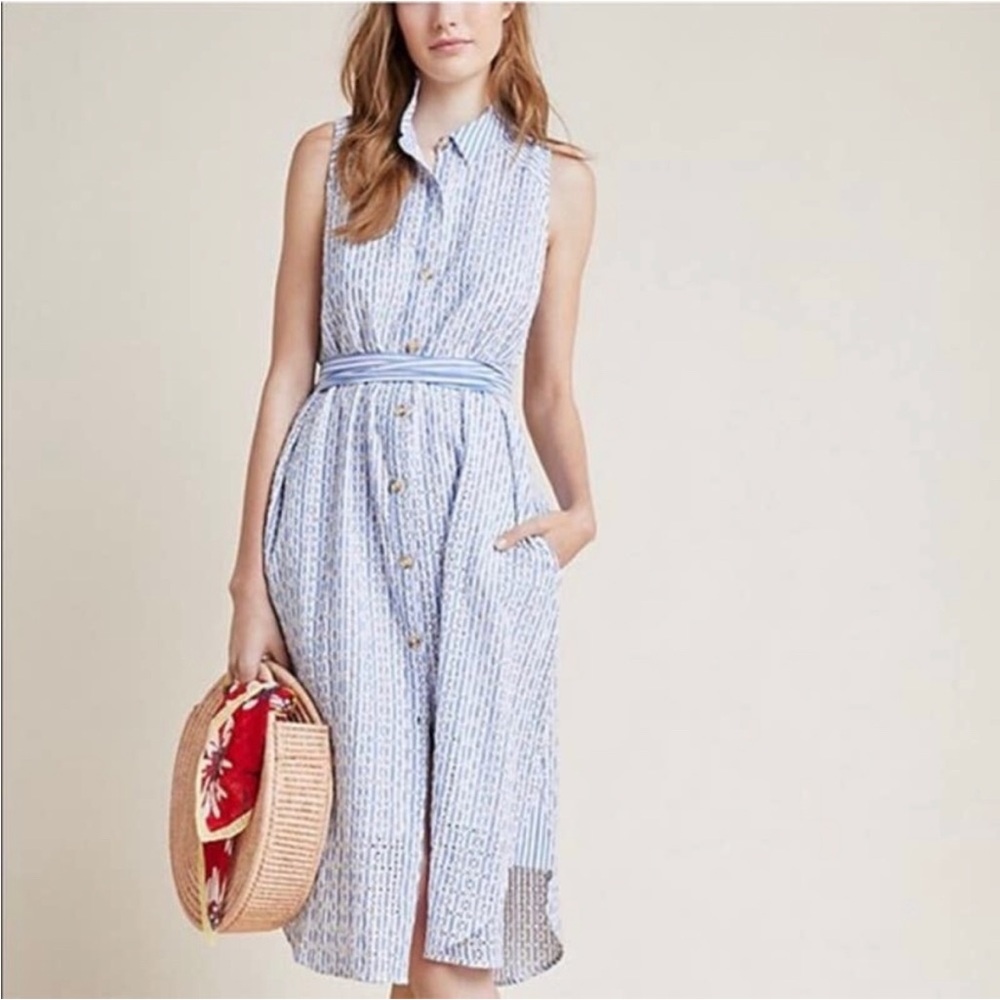 Anthropologie Kismet Shirtdress, size 12 petite blue & white stripe eyelet